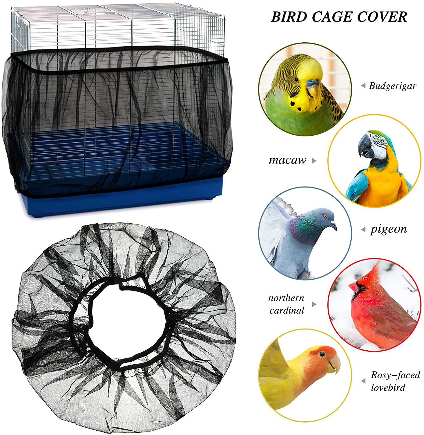 Large Universal Bird Cage Cover Seed Catcher Bird Cage Skirt Adjustable Nylon Mesh Parrot Net Cover Stretchy Shell Liner Traps Cage Parakeet Cage Accessories 90 X 15 Inch (Black,1 Piece) Animals & Pet Supplies > Pet Supplies > Bird Supplies > Bird Cage Accessories Shappy   