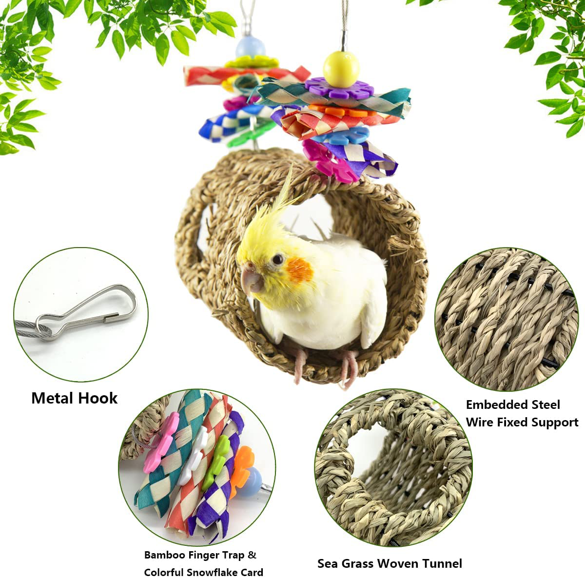 Vehomy Seagrass Bird House Bird Parrot Sea Grass Tent Parrot Tunnel with Holes Natural Hanging Hammock Swing Nest Bird Snuggle Hut Toy for Bird Parrot Hamster Animals & Pet Supplies > Pet Supplies > Bird Supplies > Bird Toys Vehomy   