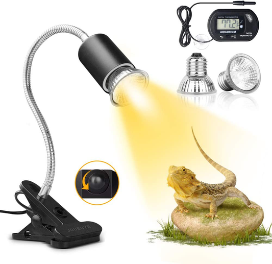 JOUEUYB Reptile Heat Lamp, Turtle Tank Adjustable Aquarium UVA UVB Light with 360°Rotatable Clip for Tortoise Lizard Snake Turtle Reptile Terrarium (Digital Thermometer and 2 Heat Lamp Bulbs Include)