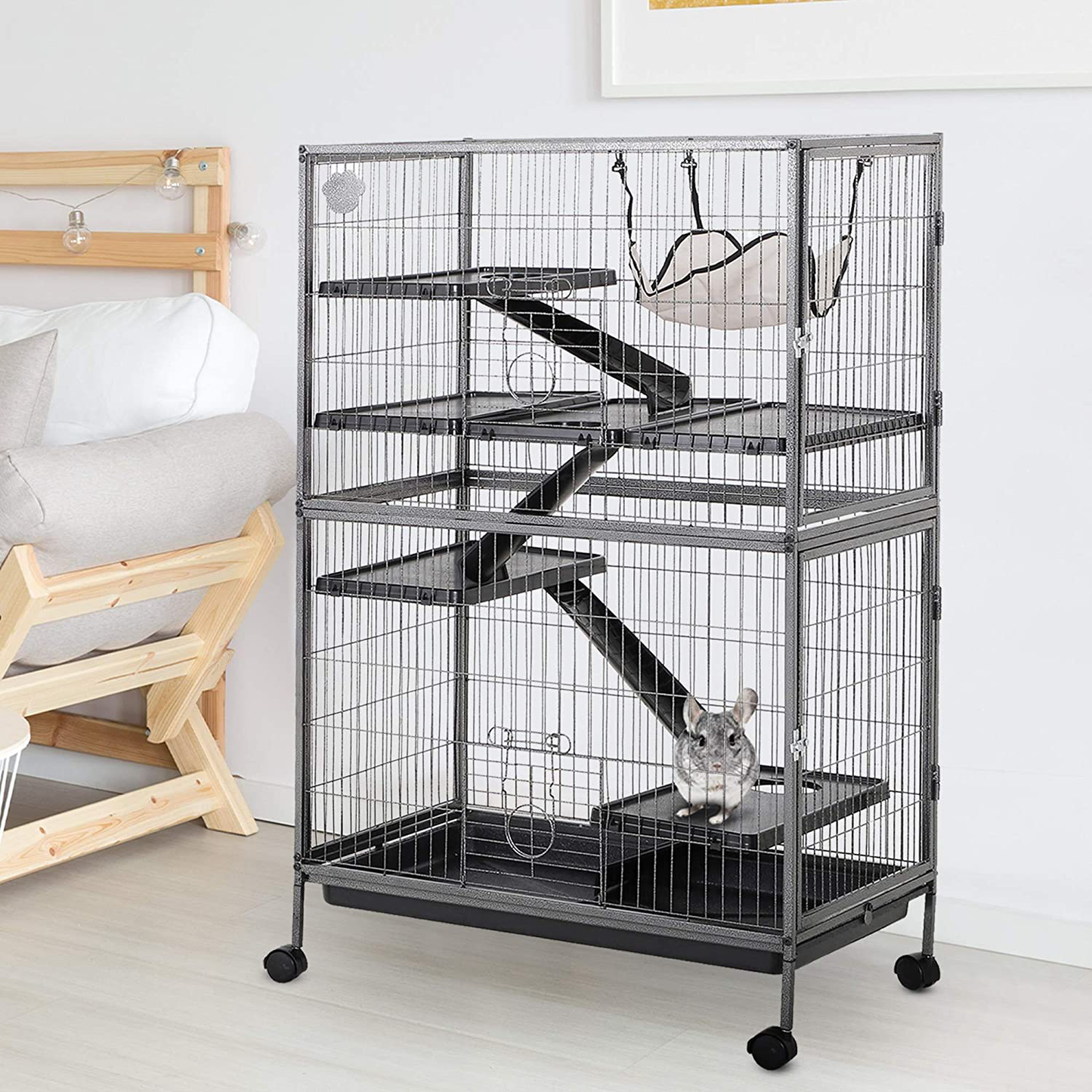 Pawhut 50" H 4 Tier Steel Plastic Small Animal Pet Cage Kit for Little Rabbit Guinea Pig Ferret with Wheels Brakes Hammock Removable Tray - Silver Grey Hammertone