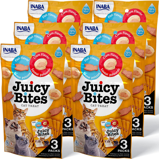 INABA Juicy Bites Grain-Free, Soft, Moist, Chewy Cat Treats with Vitamin E and Green Tea Extract, 0.4 Ounces per Pouch, 18 Pouches (3 per Bag), Fish and Clam Animals & Pet Supplies > Pet Supplies > Cat Supplies > Cat Treats INABA   