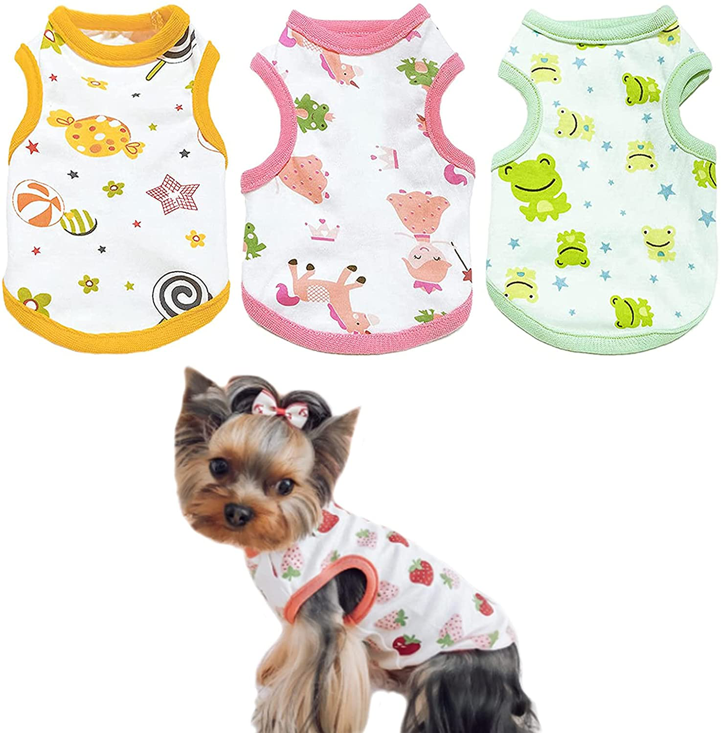 PETCARE 3 Pack Small Dog Shirt Soft Breathable Cotton Pet Puppy Clothes Cat Tee Sleeveless Vest Cute Print T Shirts for Small Breed Dogs Cats Clothing Chihuahua Yorkies Shih Tzu Pomeranian Outfits