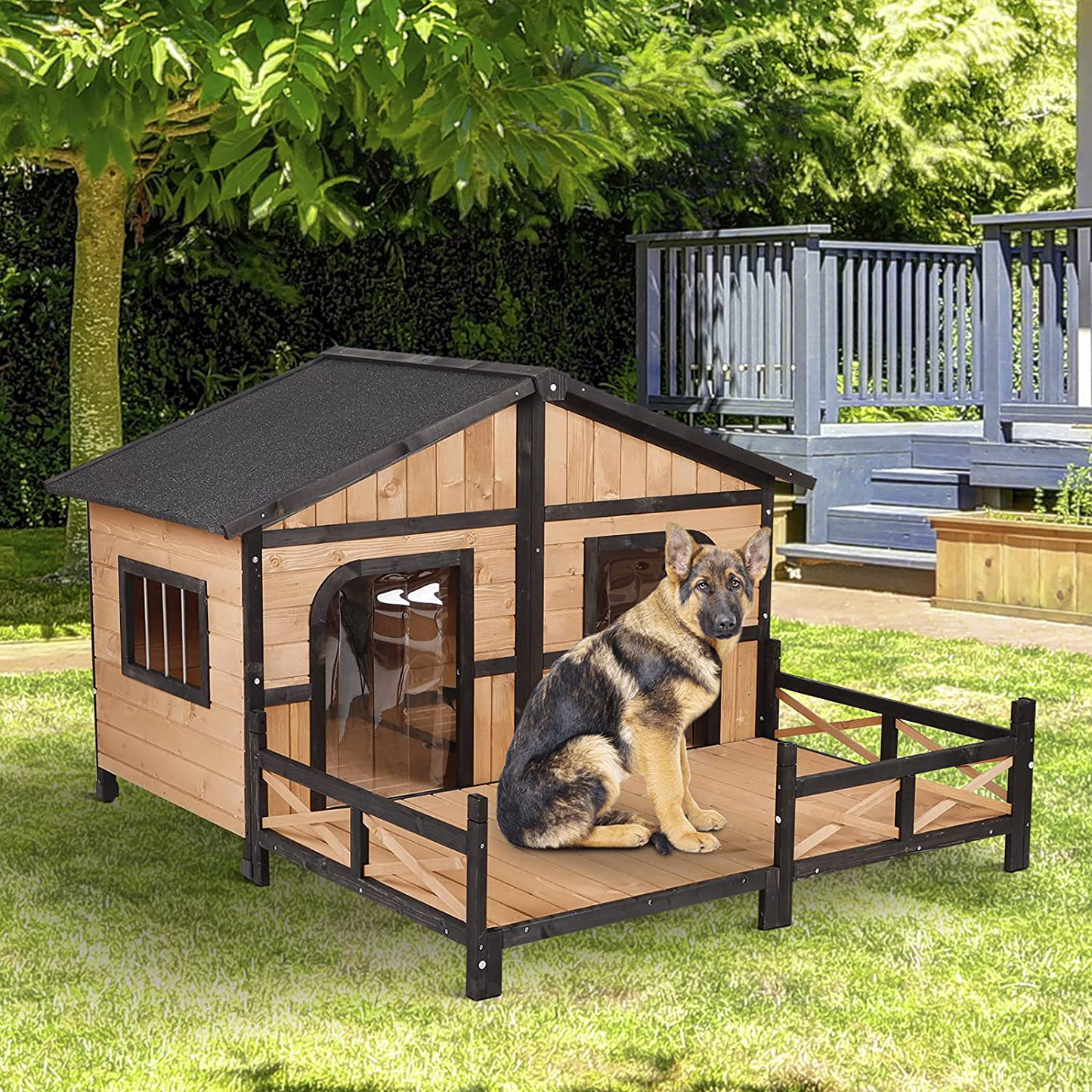 Pawhut 59"X64"X39" Wood Large Dog House Cabin Style Elevated Pet Shelter W/Porch Deck Animals & Pet Supplies > Pet Supplies > Dog Supplies > Dog Houses PawHut   