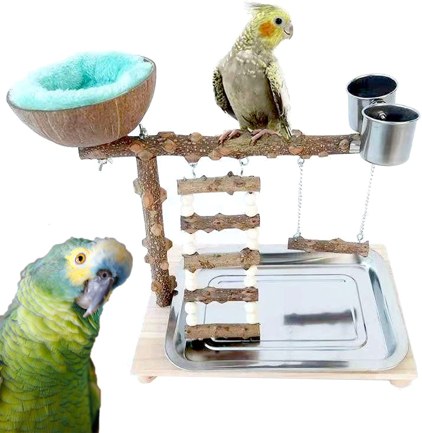 Volksrose Parrot Playground Bird Play Stand, Bird Activity Stand Wood Perch Gym with Ladder Tray and Feeder Cups, Parakeet Cockatiel Birdcage Cage Nest Accessories Exercise Platform Toy Animals & Pet Supplies > Pet Supplies > Bird Supplies > Bird Gyms & Playstands VolksRose   