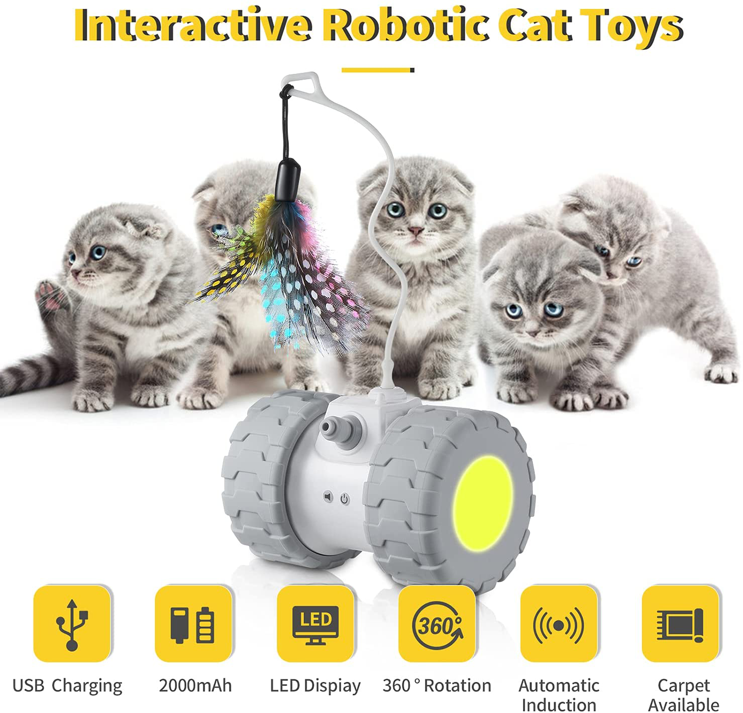 Interactive Robotic Cat Toys, Automatic Interactive Cat Toys, 2000Mah USB Rechargeable Kitten 360 Degree Rotating Toys, Auto Feather Cat Toys for Indoor Cats, Run on All Floors & Carpet, 3 Feathers Animals & Pet Supplies > Pet Supplies > Cat Supplies > Cat Toys CSHope   