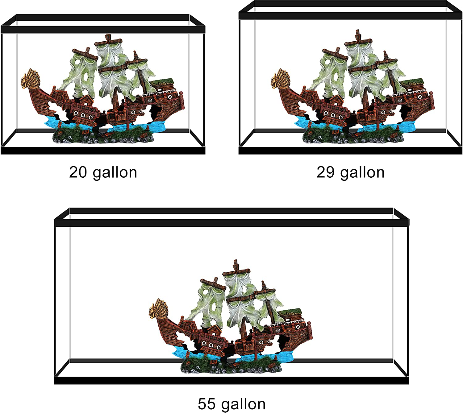 UNEAK Large Shipwreck Aquarium Decorations Ornament W Sail 2 Piece KOL PET