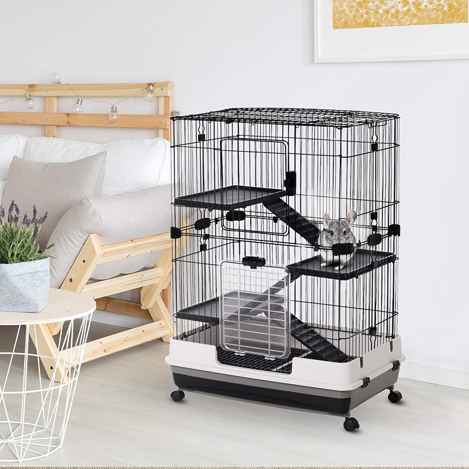 Pawhut 32”L 4-Level Indoor Small Animal Rabbit Cage with Wheels Animals & Pet Supplies > Pet Supplies > Small Animal Supplies > Small Animal Habitats & Cages Aosom LLC   