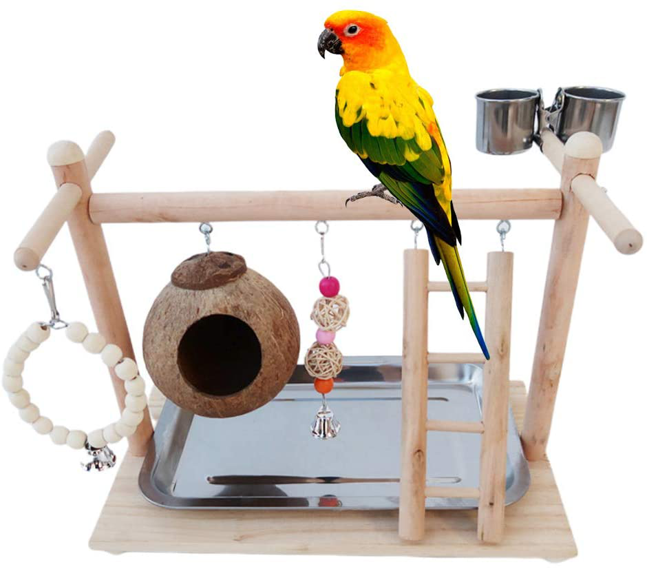 Luosh Parrot Play Stand Bird Gym Wooden Playground Pet Bird Perches Sport Swing Cup Perch Stand Bird Tray Game Wood Rack