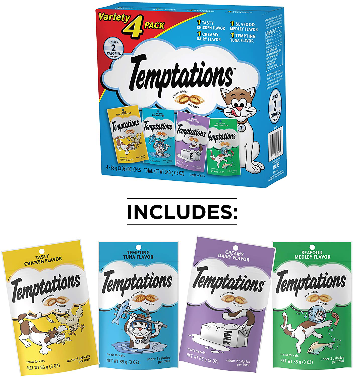 TEMPTATIONS Classic Crunchy and Soft Cat Treats Feline Favorite Variety Pack, (4) 3 Oz. Pouches Animals & Pet Supplies > Pet Supplies > Cat Supplies > Cat Treats Temptations   