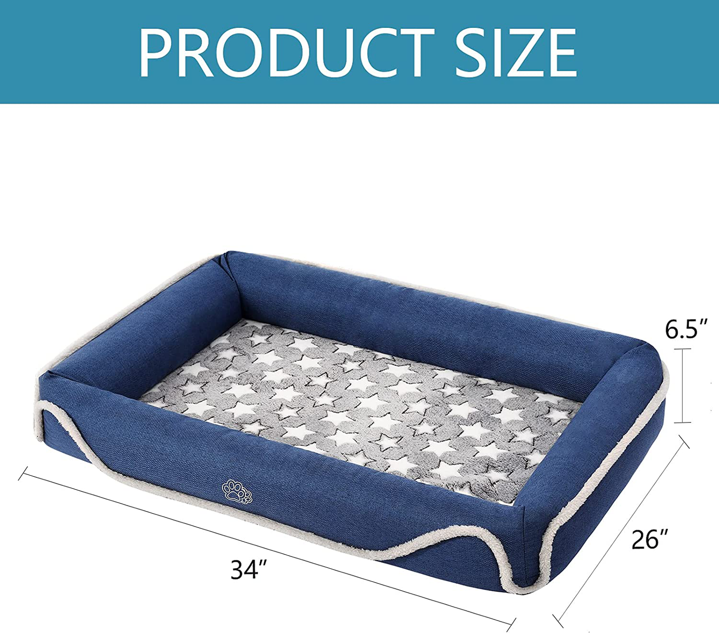 EMPSIGN Bolster 2-In-1 Dog Bed, Pet Bed with Reversible Inner Pad (Warm & Cool), Washable Bed Water Repellent Removable Covers, Waterproof Non-Skid Bottom & High Density Foam, Blue & Grey, Star Print Animals & Pet Supplies > Pet Supplies > Dog Supplies > Dog Beds EMPSIGN   