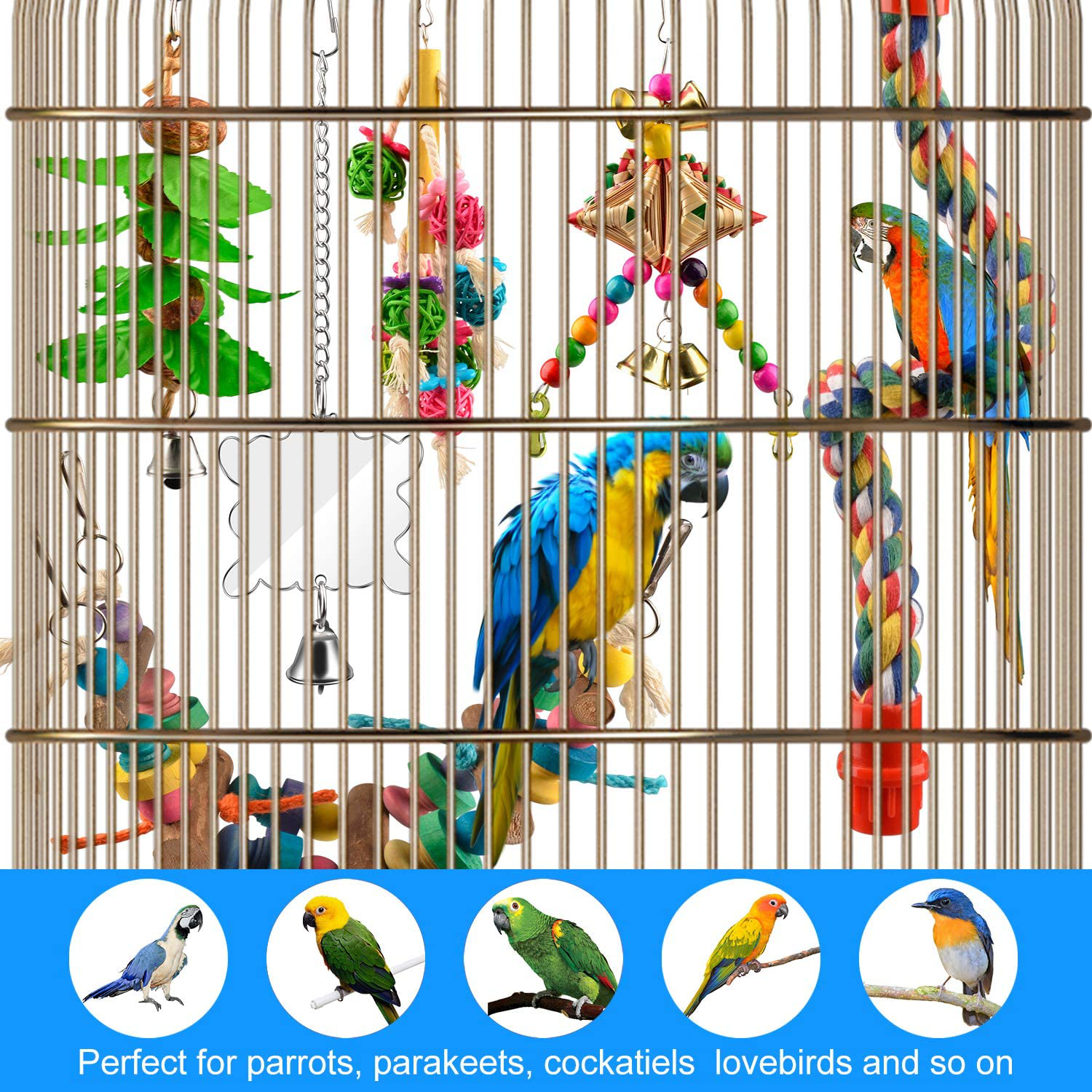 AOPMET Bird Swing Toys 6Pcs, Parrot Swing Chewing Toys Hanging Perches with Bells, Pet Bird Swing Chewing Toys for Parakeets Cockatiels, Conures, Parrots, Love Birds Animals & Pet Supplies > Pet Supplies > Bird Supplies > Bird Toys AOPMET   