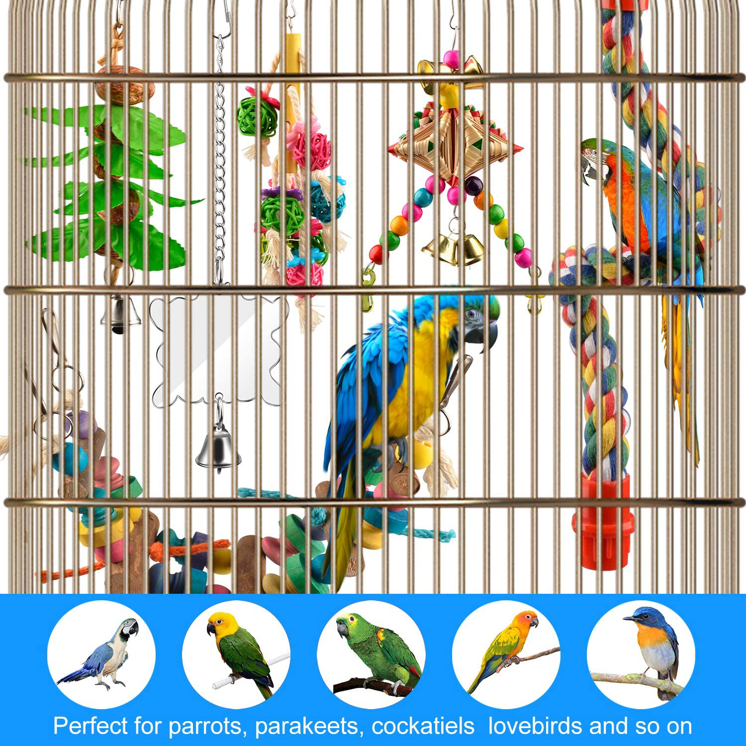 AOPMET Bird Swing Toys 6Pcs, Parrot Swing Chewing Toys Hanging Perches with Bells, Pet Bird Swing Chewing Toys for Parakeets Cockatiels, Conures, Parrots, Love Birds