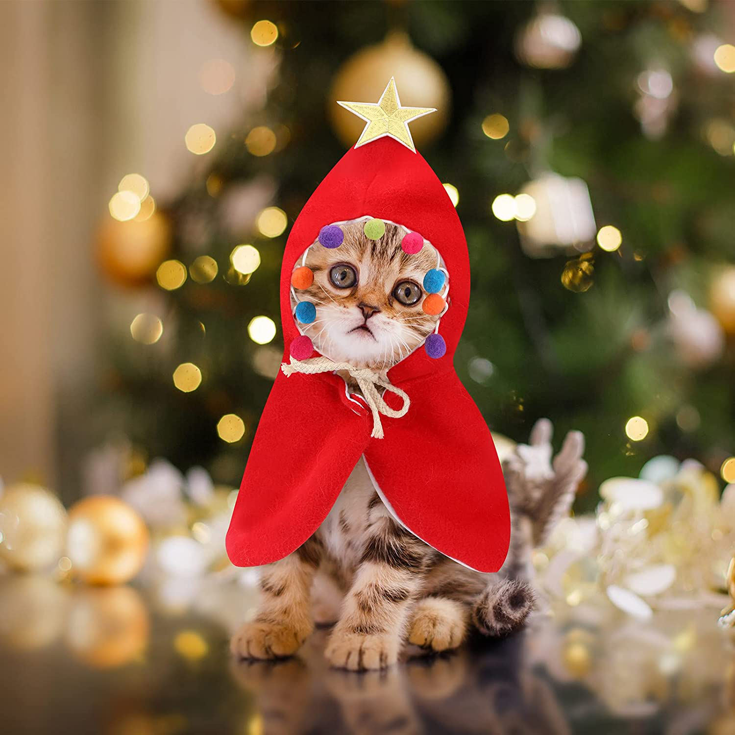 Lewondr Cat Dog Christmas Costume - Xmas Cloak with Star and Pompoms Pet Santa Cape with Santa Hat Party Cosplay Dressing up for Cats and Small Medium Dogs Christmas Outfit Clothes Costumes Animals & Pet Supplies > Pet Supplies > Cat Supplies > Cat Apparel Lewondr Red Medium 