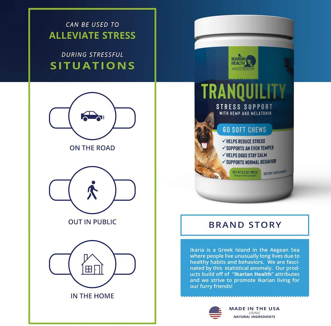 Ikarian Health - Tranquility Calming Aid for Dogs - Hemp, Melatonin, Chamomile, Passion Flower - Composure Anxiety and Stress Support for Travel, Fireworks, Separation or Storms - 60 Soft Chew Treats Animals & Pet Supplies > Pet Supplies > Small Animal Supplies > Small Animal Treats Ikarian Health   