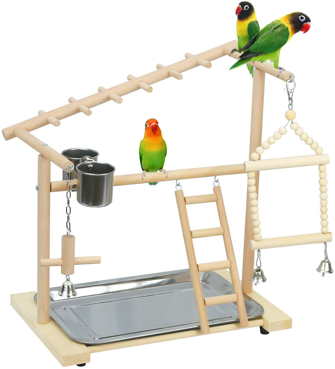 Creproly Parrot Playstand Bird Playground Birdcage Wood Perch Stand Ladder Swing with with Feeder Cups Birds Play Gym Cockatiel Playground Include Hanging Bell Swing Ladders Animals & Pet Supplies > Pet Supplies > Bird Supplies > Bird Gyms & Playstands Creproly   