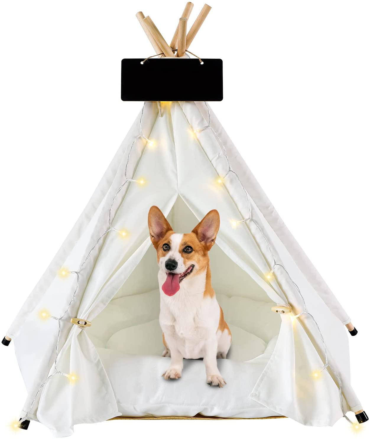 ECO-WILL Pet Teepee Pet Tent with Cushion Portable Puppy Bed for Small Dogs and Cats Folding Dogs House with LED Light String for Indoor and Outdoor,Christmas,24Inches