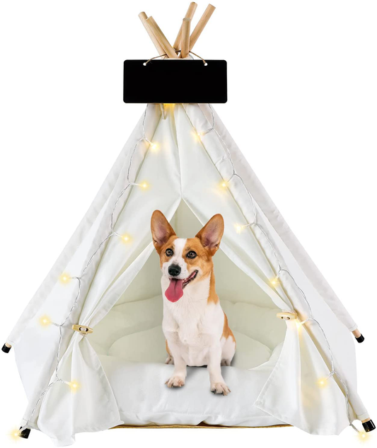 ECO-WILL Pet Teepee Pet Tent with Cushion Portable Puppy Bed for Small Dogs and Cats Folding Dogs House with LED Light String for Indoor and Outdoor,Christmas,24Inches Animals & Pet Supplies > Pet Supplies > Dog Supplies > Dog Houses ECO-WILL White  