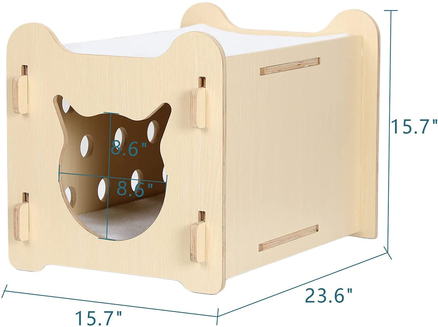 Petsfit Cat House Thicken Wood Indoor Cat Shape Door with Fleece Soft Cat Bed and Observation Hole