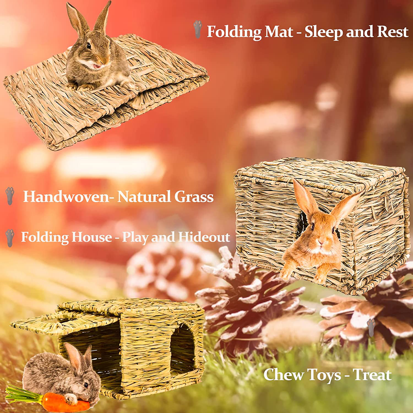 HERCOCCI Grass House for Bunny, Natural Handmade Grass Bed Hideaway Hut Mat with Chew Toys Accessories for Rabbit Bunny Guinea Pig Chinchilla Small Animal - Play and Rest Animals & Pet Supplies > Pet Supplies > Small Animal Supplies > Small Animal Habitat Accessories Small Animal - US   