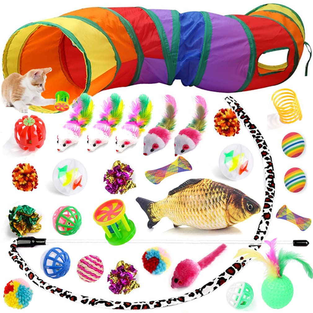 Cat Toys Assorted, 32 Pcs Cat Toys Kitten Toy with Cat Tunnel Interactive Cat Feather Toy Catnip Fish Fluffy Mouse Balls and Bells Toy for Cat Puppy Kitty Kitten Animals & Pet Supplies > Pet Supplies > Cat Supplies > Cat Toys iRabey   