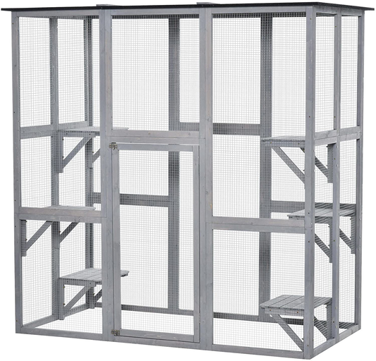 Pawhut Large Wooden Outdoor Catio Enclosure with Weather Protection, Cat Patio with 6 Platforms 71" X 38.5" X 71" Animals & Pet Supplies > Pet Supplies > Cat Supplies > Cat Beds PawHut Gray  