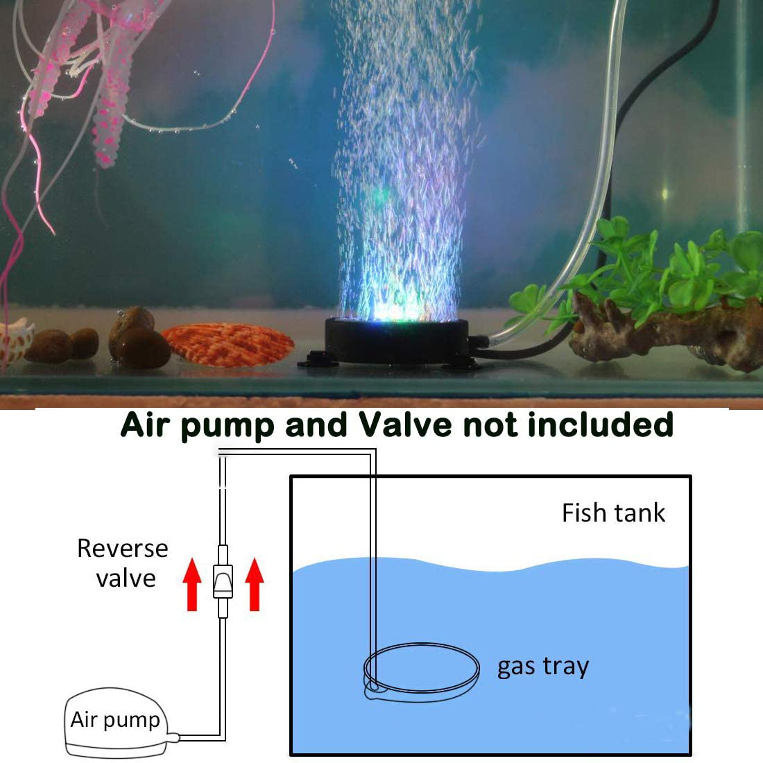 LED Aquarium Air Stones Fish Tank Bubbler Light Air Stone Diffuser Decor Lamp with Sucker Colorful Backgound Lighting (2.2Inch Light Disk(No Remote))