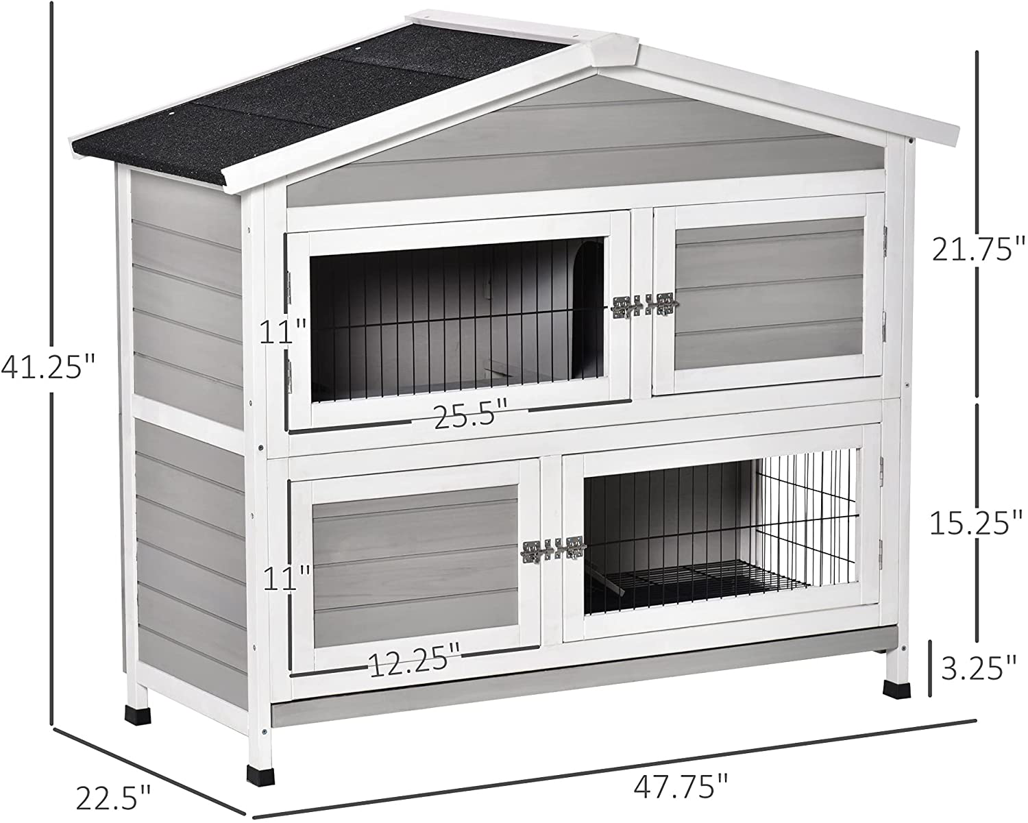 Pawhut 48" 2-Floor Large Rabbit Hutch Wooden Pet House Multi-Door Bunny Cage Small Animal Habitat with Ramp Slide-Out Tray Run Area Asphalt Roof Light Grey Animals & Pet Supplies > Pet Supplies > Small Animal Supplies > Small Animal Habitats & Cages PawHut   