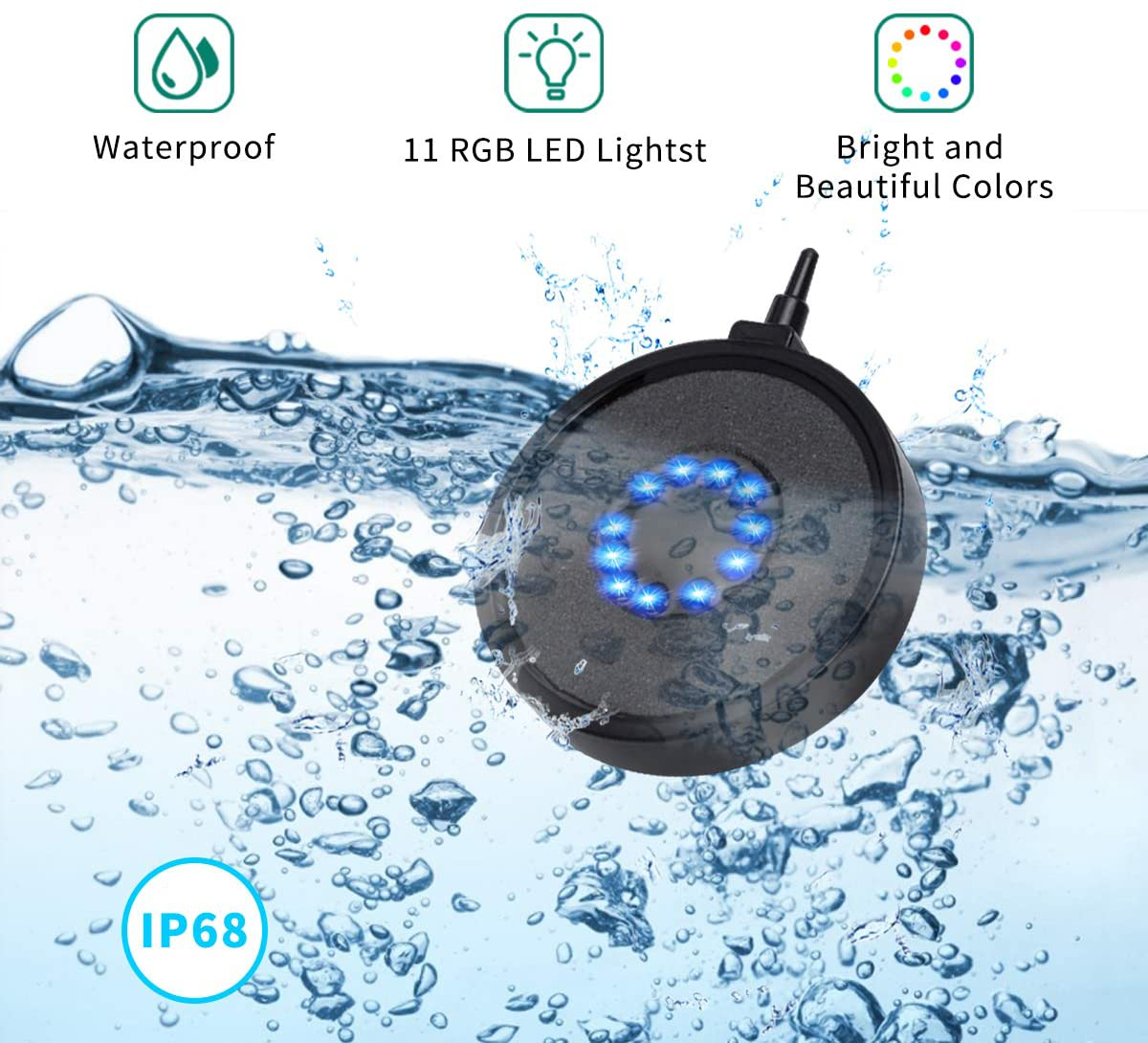 Number-One Aquarium Bubble Light LED Fish Tank Bubbler Light, Remote Controlled Aquariums Air Stone Disk Lamp with 16 Color Changing, 4 Lighting Effects for Fish Tanks and Fish Ponds