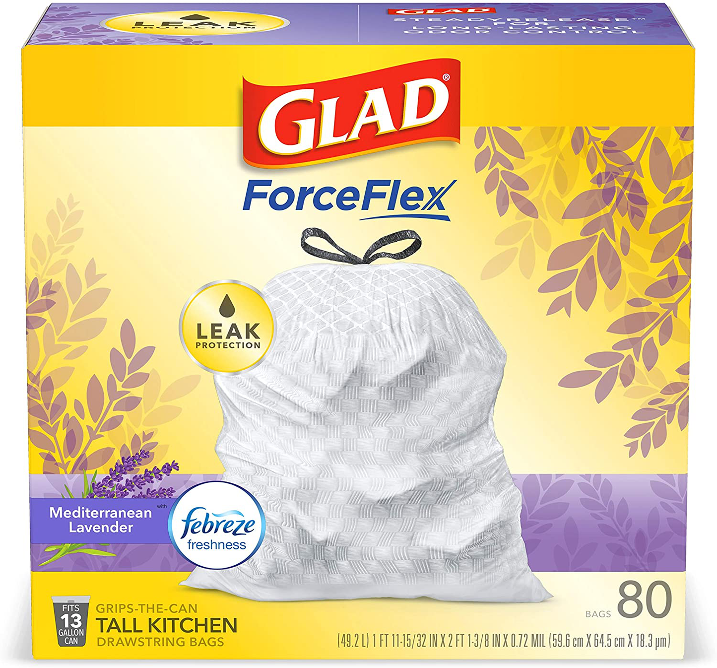 Glad Forceflex Tall Kitchen Drawstring Trash Bags – 13 Gallon Trash Bag, Fresh Clean Scent with Febreze Freshness – 80 Count (Package May Vary) Animals & Pet Supplies > Pet Supplies > Cat Supplies > Cat Litter Box Liners Glad Lavender  