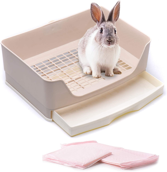 CALPALMY Large Rabbit Litter Box with Bonus Pads, Drawer, Corner Toilet Box and Bigger Pet Pan for Adult Guinea Pigs, Chinchilla, Ferret, Galesaur, Small Animals Animals & Pet Supplies > Pet Supplies > Small Animal Supplies > Small Animal Bedding CALPALMY Cream White  