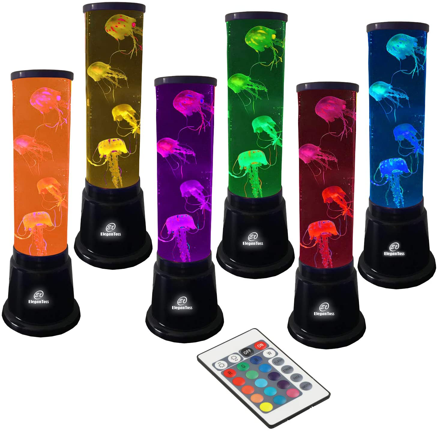 Elegantoss LED round Jellyfish Lamp with 7 Color Changing Light Effects, Remote. a Sensory Synthetic Jelly Fish Aquarium Tank 14 Inches Tall Mood Lamp.