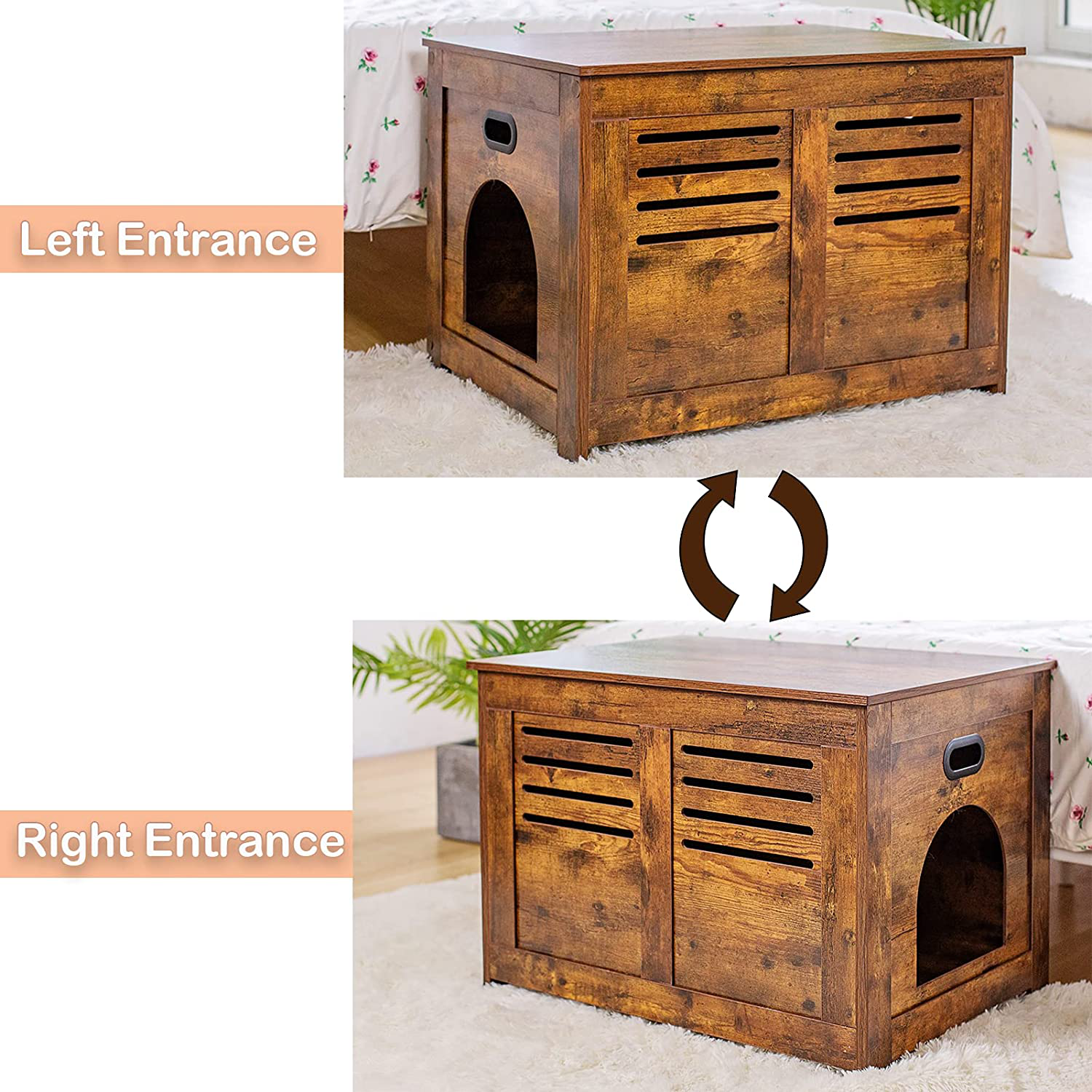 DINZI LVJ Litter Box Furniture, Flip Top Hidden Cat Washroom with Louvered Window, Entrance Can Be on Left/Right Side, Enclosed Cat Litter House Side Table for Most of Cat and Litter Box, Rustic Brown