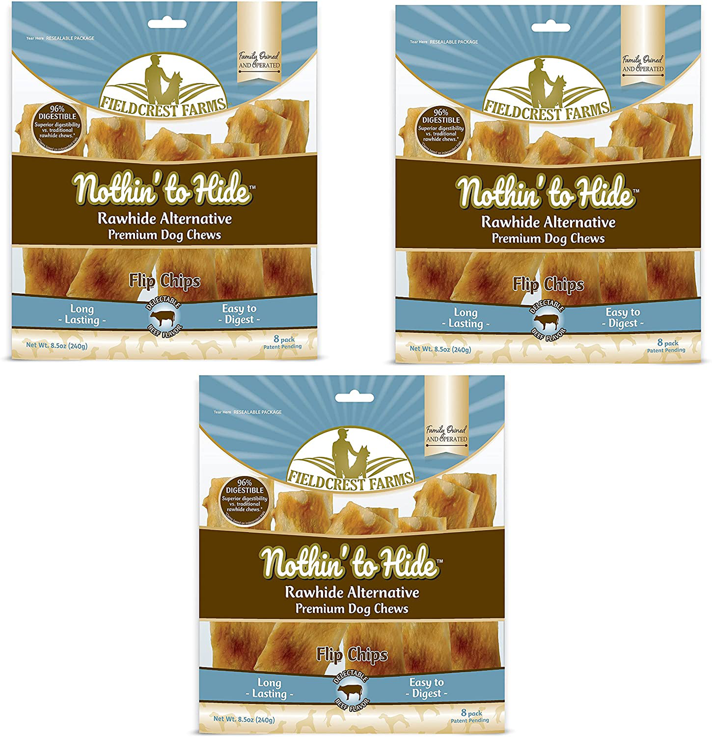 Nothin to Hide Flip Chips Dog Chews - Natural Rawhide Alternative Treats for Dogs, Chicken, Beef or Peanut Butter Flavor Snack for All Breed Dogs - 3 Pack by Fieldcrest Farms Animals & Pet Supplies > Pet Supplies > Small Animal Supplies > Small Animal Treats Fieldcrest Farms Beef  