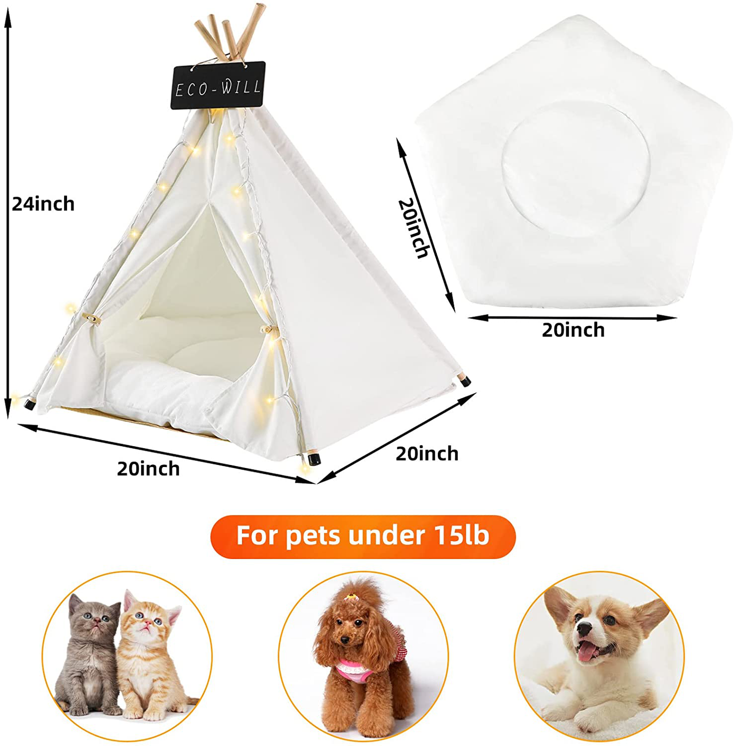 ECO-WILL Pet Teepee Pet Tent with Cushion Portable Puppy Bed for Small Dogs and Cats Folding Dogs House with LED Light String for Indoor and Outdoor,Christmas,24Inches