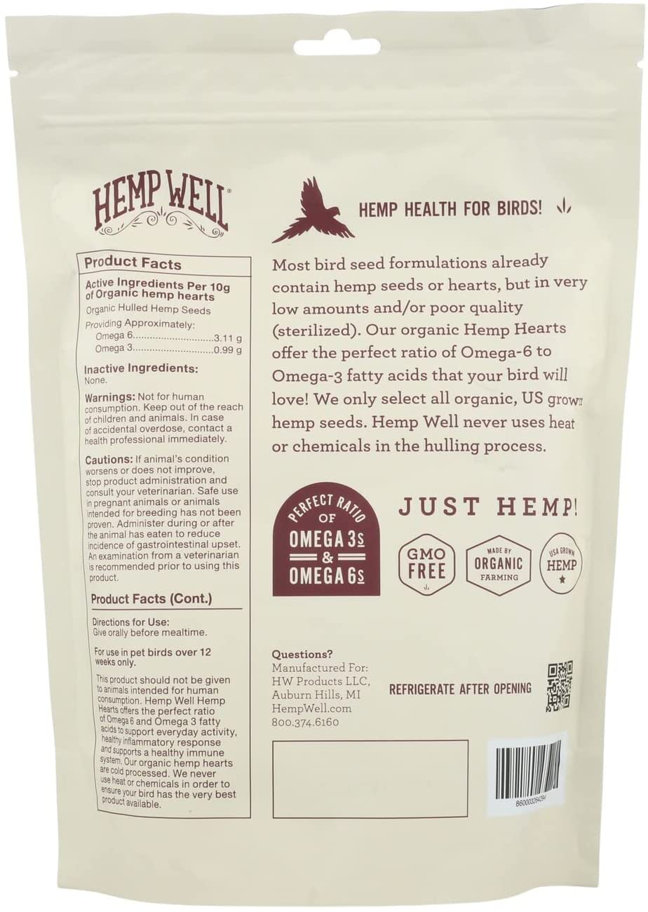 Hemp Well Organic Hemp Hearts –Reduces Feather Plucking, Promotes Relaxation, Immune Support, Organically Sourced, USA Grown, GMO Free – 1 Pound Bag Animals & Pet Supplies > Pet Supplies > Bird Supplies > Bird Treats Hemp Well   