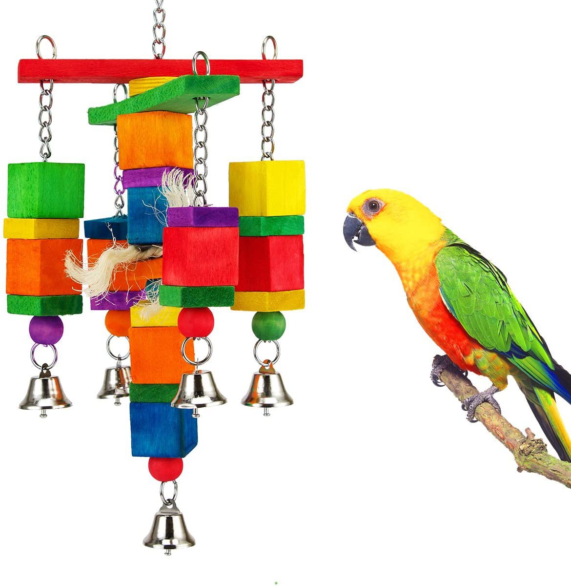MEWTOGO Natural Wood Bird Parrot Swing Chewing Toys- Hanging Bell Bird Chew Bite Cage Stand Toys for Parakeets Cockatiels Conures Love Birds Finches Budgie Small to Medium Sized Birds