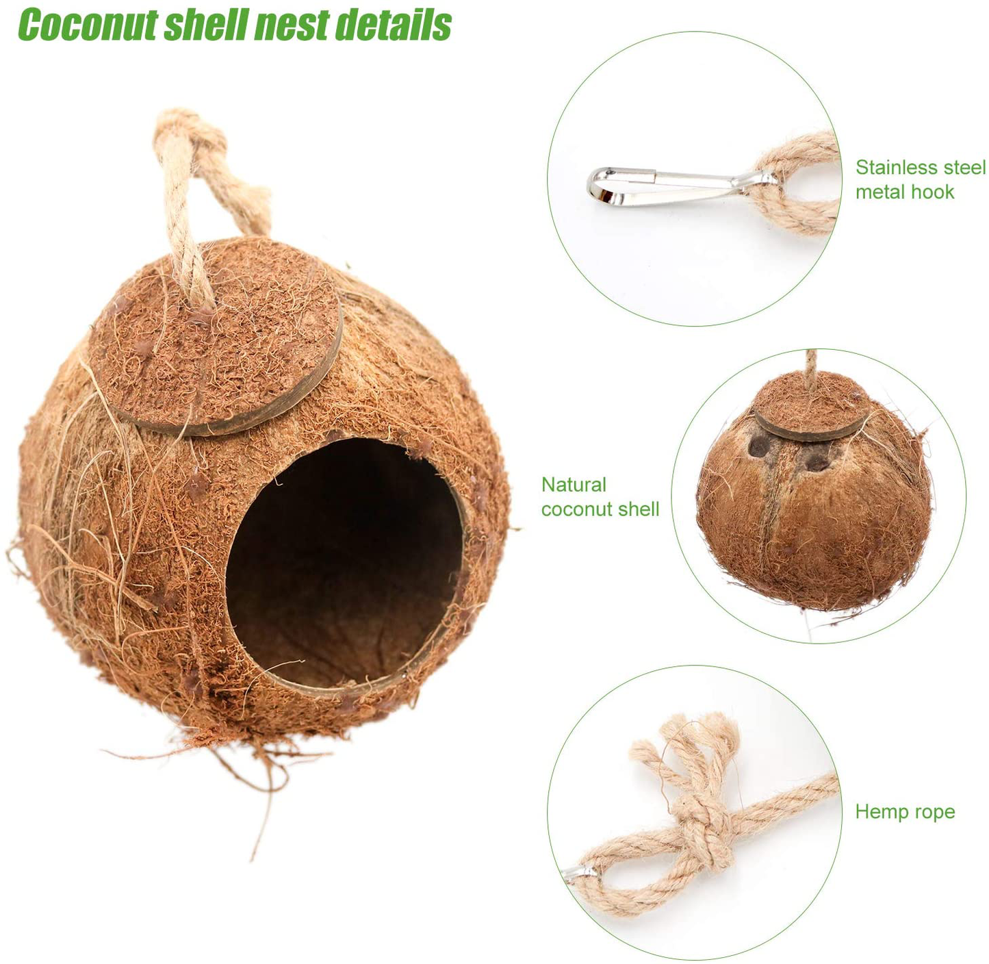 Crested Gecko Coco Hut Shell Bird House, Sturdy Hanging Home, Climbing Porch, Hiding, Sleeping&Breeding Pad, Rough Texture Encourages Foot and Beak Exercise, Suitable for Reptiles, Amphibians