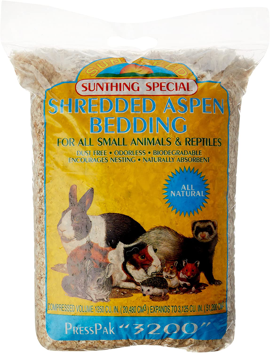 Sunseed Shredded Aspen Bedding, 3200 Cubic Inches, for Small Nesting and Burrowing Animals