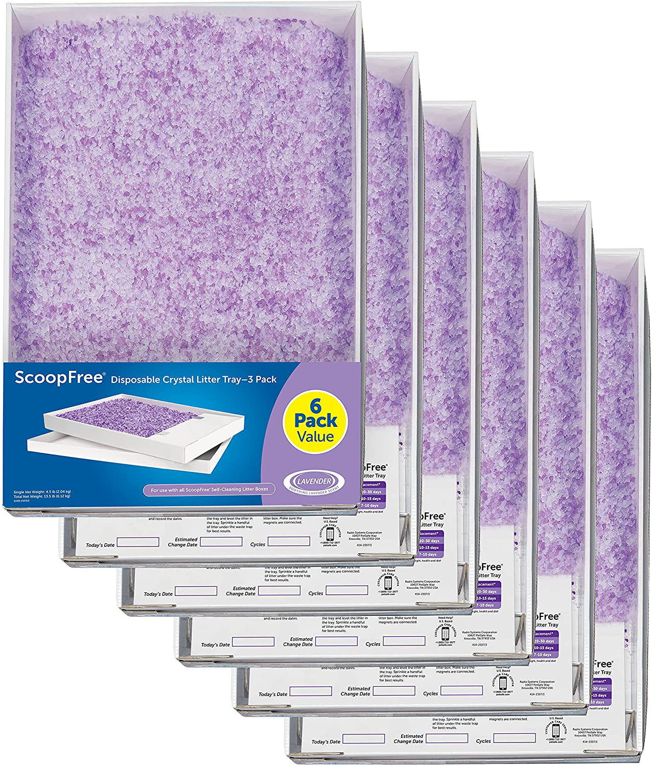 Petsafe Scoopfree Cat Litter Crystal Tray Refills for Scoopfree Self-Cleaning Cat Litter Boxes - 6-Pack - Non-Clumping, Less Mess, Odor Control - Available in Original Blue, Lavender, or Sensitive