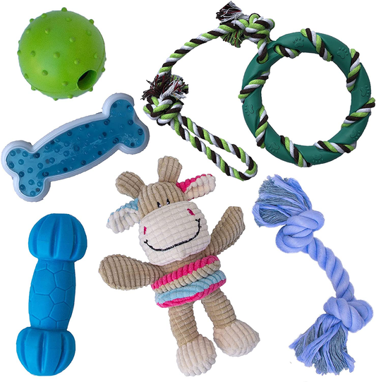 Rocket & Rex Dog Toy Pack, Chew Toys for Small Dogs and Dog Toys for Puppies, Safe & Non-Toxic, for Small to Medium Breeds, Includes Rope Toys, Plush Squeaky Toy, Ball and Tug of War Toy Animals & Pet Supplies > Pet Supplies > Dog Supplies > Dog Toys rocket & rex Cow Chew Toy Set  