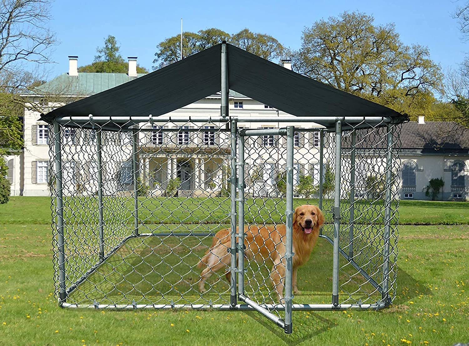 AKANORS Outdoor Chain Link Dog Kennel with Weatherproof Cover - Large Heavy Duty Pet House Run Exercise Playpen for Training - Chicken Coop Hen Cage Durable Galvanized Steel Frame