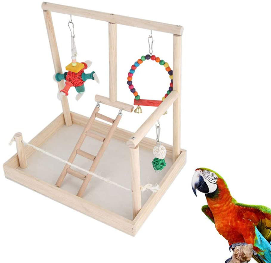 POPETPOP Wooden Bird Play Stand with Swing Perch Chewing Toy Ladder Play Gym Playground Activity Toy for Parakeets Budgie Cockatiels Animals & Pet Supplies > Pet Supplies > Bird Supplies > Bird Gyms & Playstands POPETPOP   