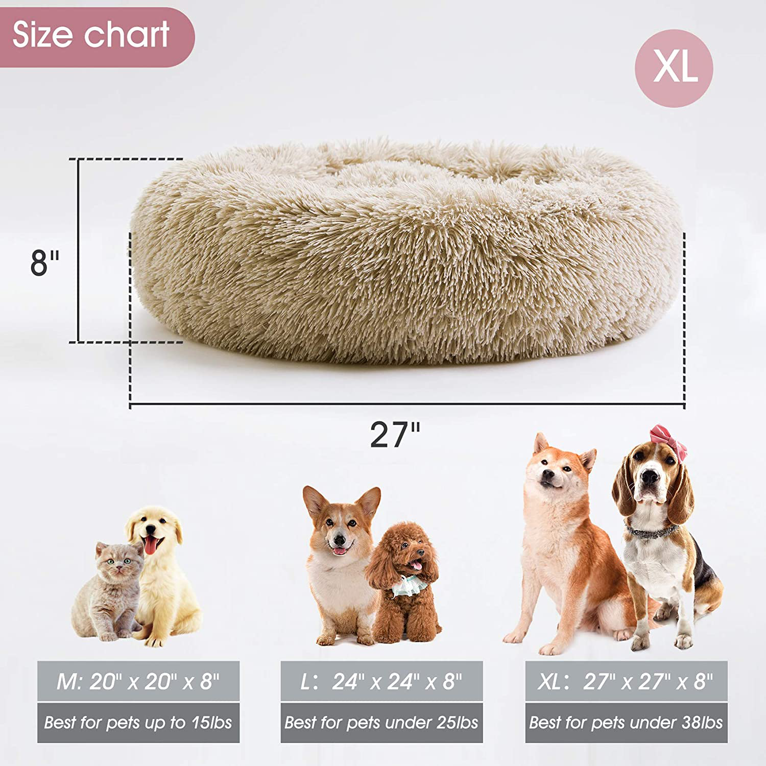 Calming Dog Bed & Cat Bed, Anti-Anxiety Donut Dog Cuddler Bed, Warming Cozy Soft Dog round Bed, Fluffy Faux Fur Plush Dog Cat Cushion Bed for Small Medium Dogs and Cats (20"/24"/27"/30") Animals & Pet Supplies > Pet Supplies > Cat Supplies > Cat Beds WESTERN HOME WH   