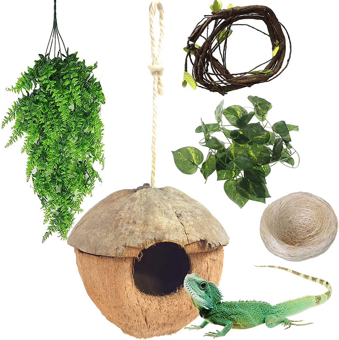 PINVNBY Reptile Coconut Hideout Lizard Coconut Hut Reptile Habitat Decoration with Artificial Bendable Vines Green Plants and Leaves Gecko Tank Accessories for Chameleon Bearded Dragons Snakes Animals & Pet Supplies > Pet Supplies > Reptile & Amphibian Supplies > Reptile & Amphibian Habitats PINVNBY   