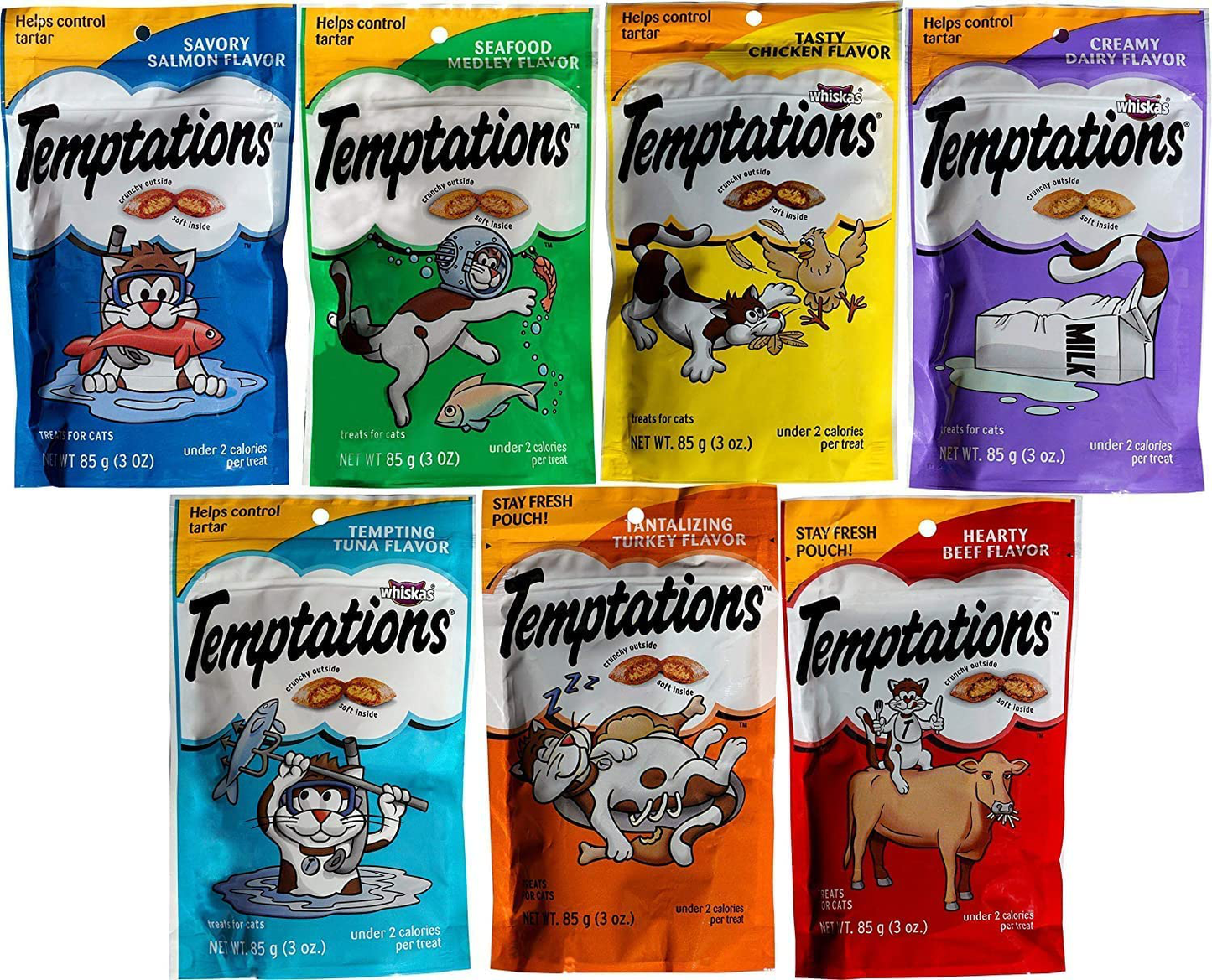 Temptations Classics Tasty Snack Treats for Cats -Feline Variety Bundle 7 Pack ,Tantalizing Turkey, Chicken, Hearty Beef, Tuna, Creamy, Savory Salmon, Seafood Medley with Hotspot Pets Collapsible Bowl Animals & Pet Supplies > Pet Supplies > Cat Supplies > Cat Treats Temptations   