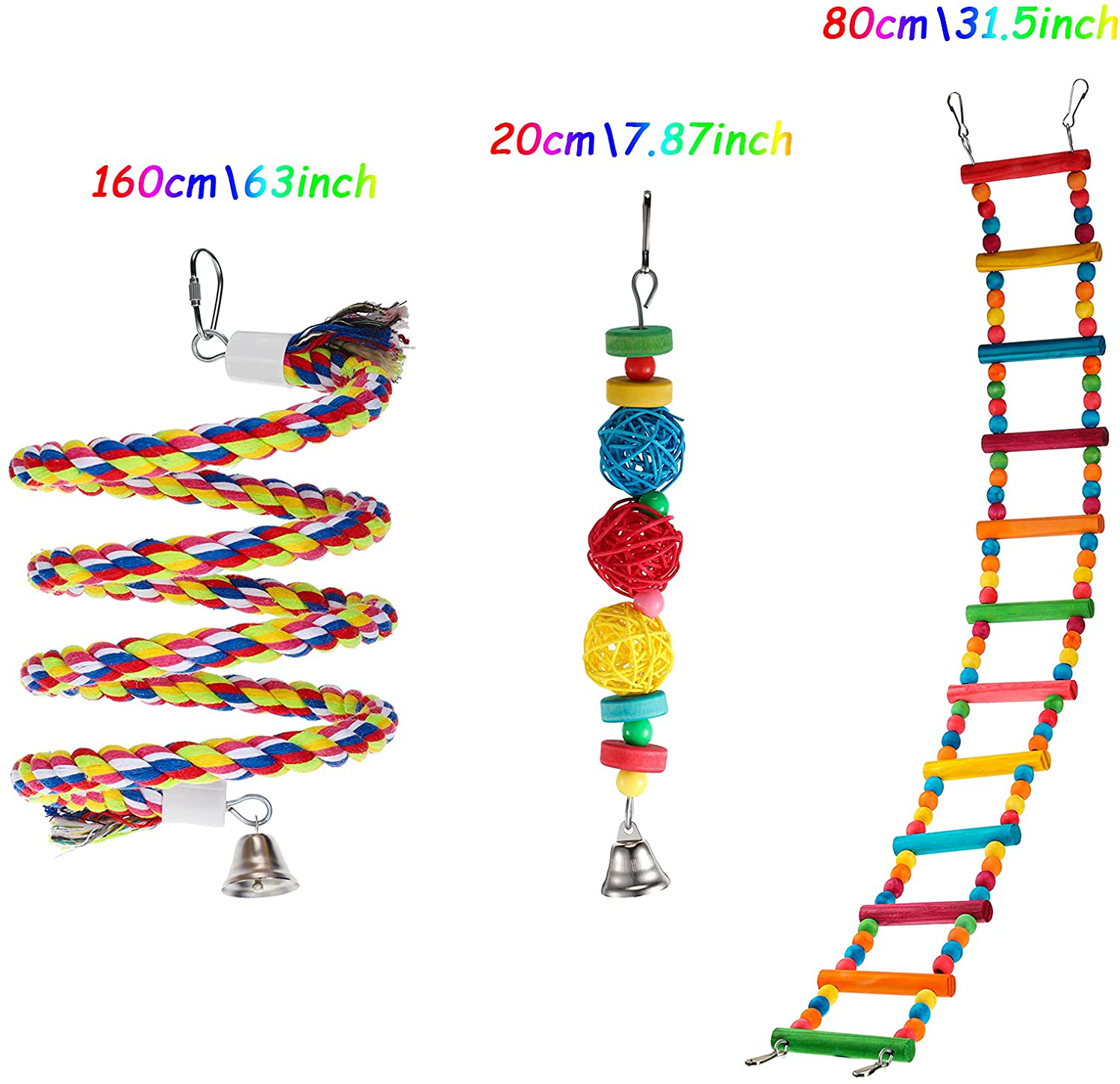 Skylety 3 Pieces Parrot Toys Include Bird Swing Ladders Bird Spiral Rope Perch Hanging Bell Rattan Balls Parrot Climbing Standing Chewing Toys for Small Parakeets Cockatiels Lovebirds Conures