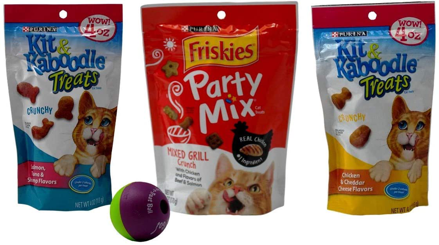Kit & Kaboodle / Friskies Party Mix Treats for Cats 3 Flavor Variety Bundle with Treat Ball, (1) Each: Salmon Tuna, Mixed Grill, Chicken Cheddar Cheese (4-6 Ounces)