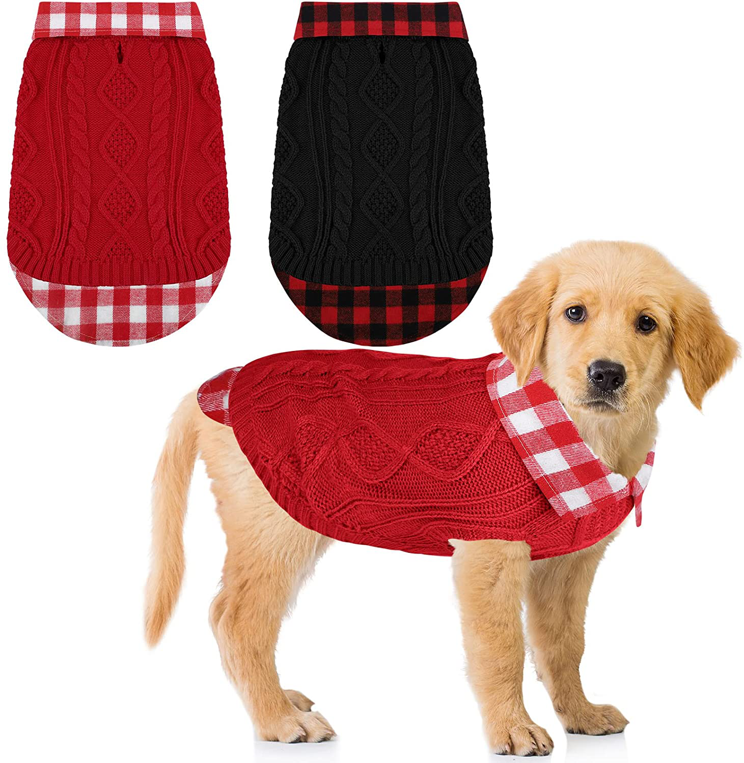 Pedgot Pack of 2 Turtleneck Knitted Dog Sweater Soft and Warm Pet Winter Clothes Classic Cable Knit Plaid Patchwork Pet Sweater for Small Medium Large Dogs Animals & Pet Supplies > Pet Supplies > Dog Supplies > Dog Apparel Pedgot Red, Black Large 