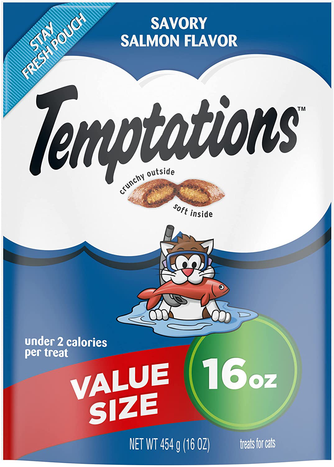 TEMPTATIONS Classic Crunchy and Soft Cat Treats, 16 Oz., Pouches and Tubs Animals & Pet Supplies > Pet Supplies > Cat Supplies > Cat Treats Temptations Salmon 16 oz. Resealable Pouch 