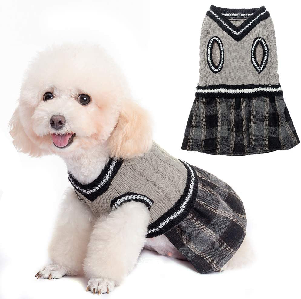 BINGPET Cute Dog Sweater Dress - Warm Pullover Puppy Cat Knit Clothes with Classic Plaid Pattern for Fall Winter Animals & Pet Supplies > Pet Supplies > Cat Supplies > Cat Apparel BINGPET Grey Small-Medium 